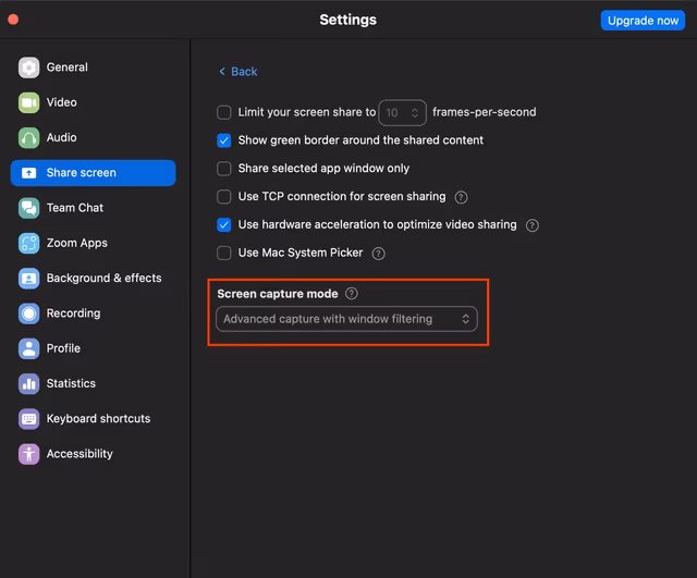 Zoom Advanced capture with Window filtering setting